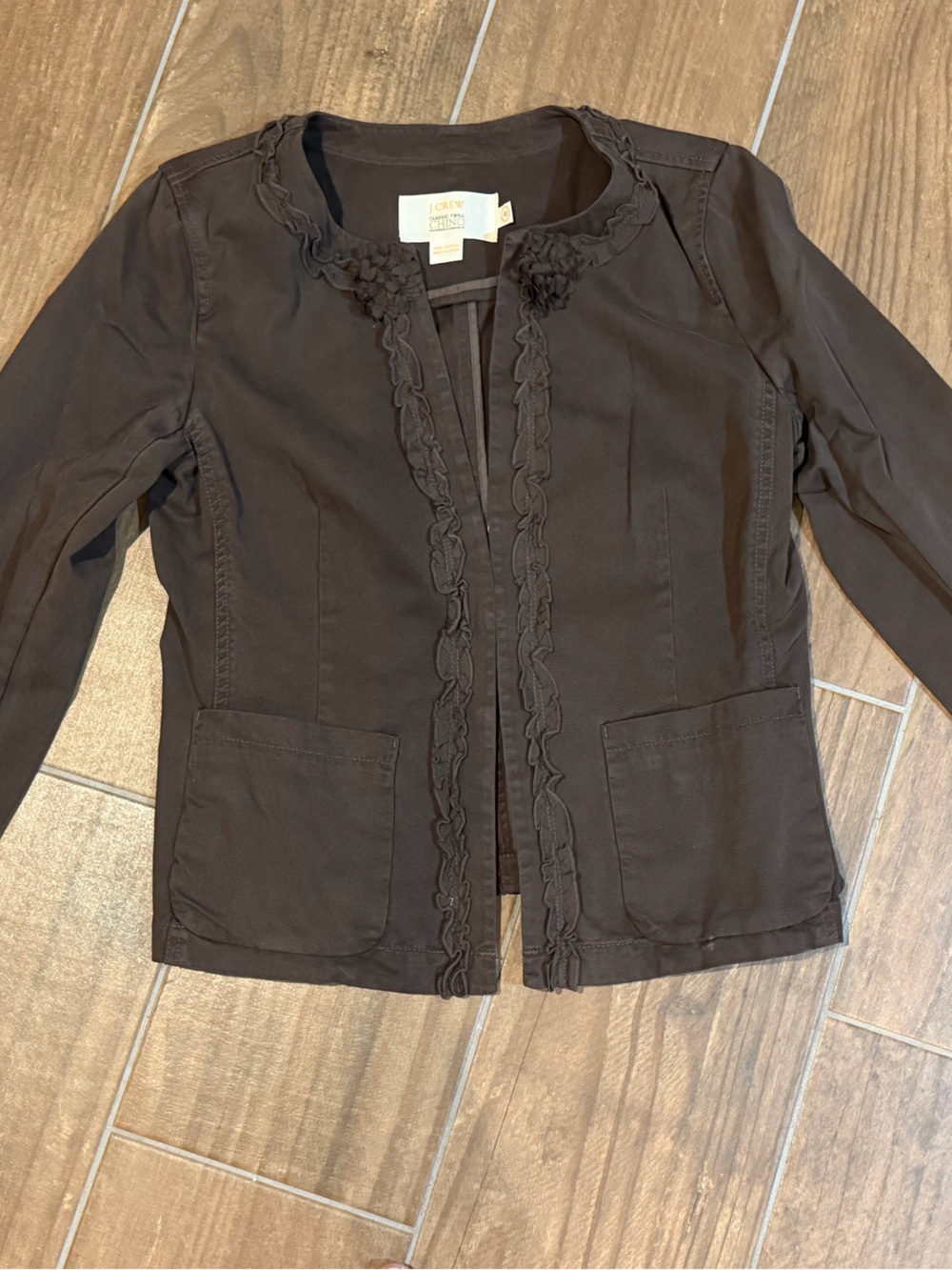 J. Crew Dark Brown Ruffle-Trim Lightweight Jacket size 8